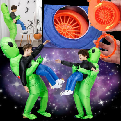 Belro inflatable alien costume worn by a person, featuring a green alien suit with large eyes and inflatable design for fun costume wear.