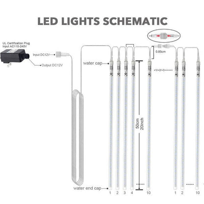 Belro LED Dripping Icicle Lights hanging outdoors, illuminating a garden with bright, shimmering icicle-shaped LED lights for outdoor decor