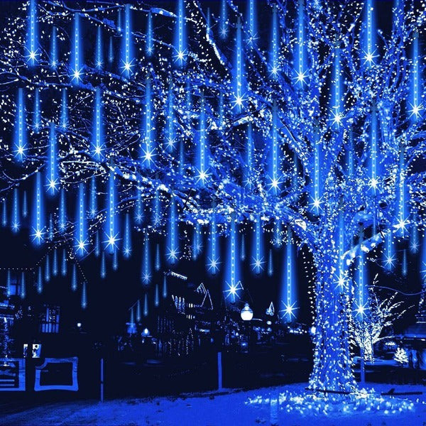Belro LED dripping icicle lights hanging outdoors, decorative string lights for home and garden illumination.