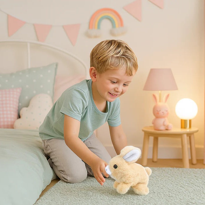 Belro Interactive Plush Bunny Toy, a soft and colorful stuffed bunny, designed for children to play and cuddle.
