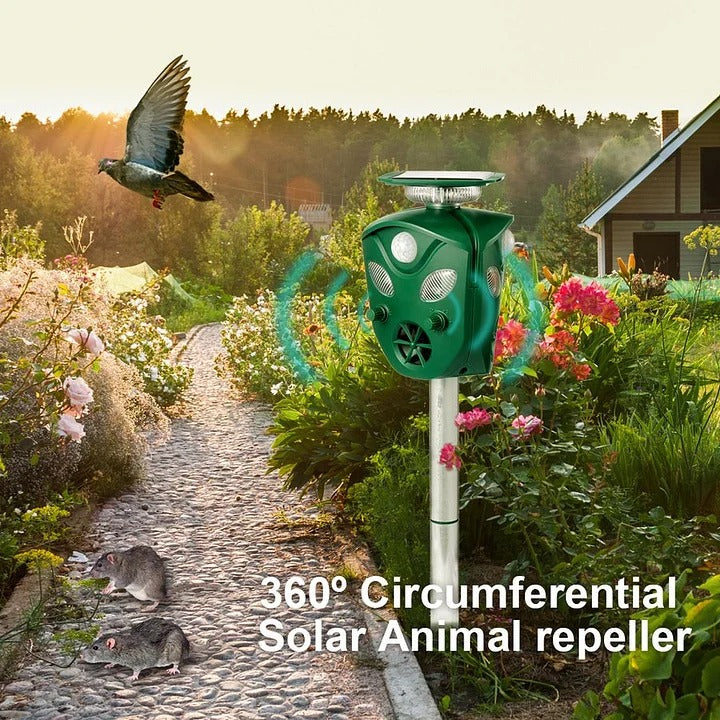 Belro 360° Solar Ultrasonic Animal Repeller in outdoor garden setting, showing device with solar panel and pest control features.