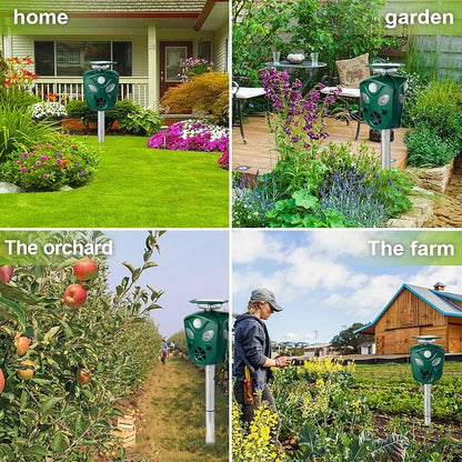Belro 360° Solar Ultrasonic Animal Repeller for outdoor pest control, with solar panel and motion sensor in a garden setting.
