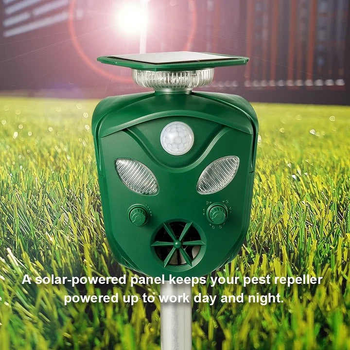 Belro 360° Solar Ultrasonic Animal Repeller for outdoor pest control in home and garden, with solar panel and motion sensors.