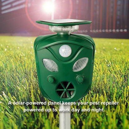 Belro 360° Solar Ultrasonic Animal Repeller for outdoor pest control in home and garden, with solar panel and motion sensors.