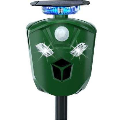 Belro 360° Solar Ultrasonic Animal Repeller in outdoor garden setting, showing device with solar panel and pest control features.