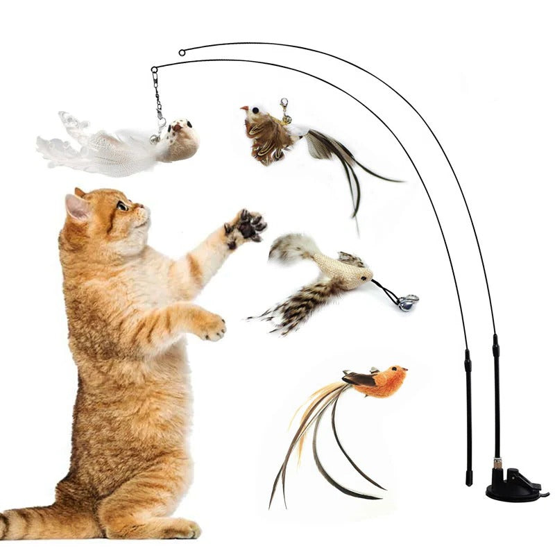 Belro bird simulation toy set for cats featuring colorful feather toys and dangling accessories for feline play and enrichment.