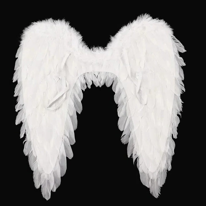 Belro men's feathered angel wings costume with soft white feathers and adjustable straps, perfect for costume parties or cosplay.