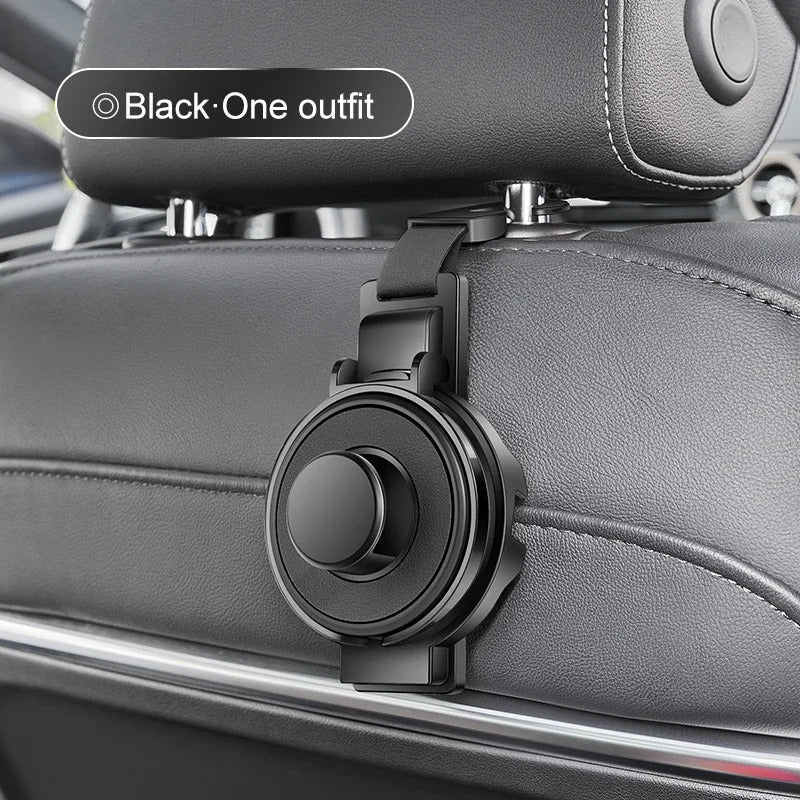 Belro car seat headrest hook attached to a headrest for organizing bags and accessories in a vehicle interior.