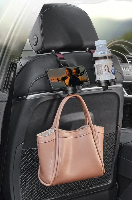 Belro car seat headrest hook for organizing bags and accessories, mounted on a vehicle headrest for convenient storage.