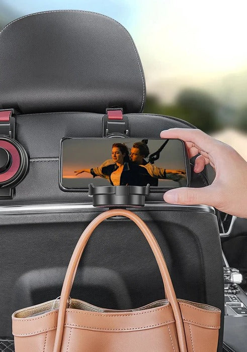 Belro car seat headrest hook attached to vehicle headrest for hanging bags and accessories, made of durable plastic.