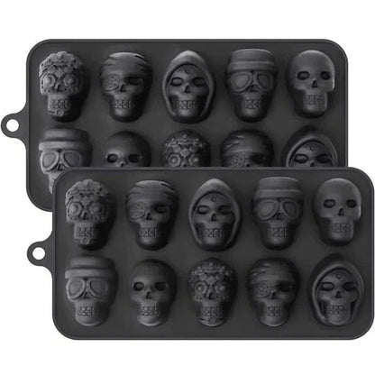 Skull-shaped ice cubes in a Belro silicone tray for fun, novelty ice at home or parties.