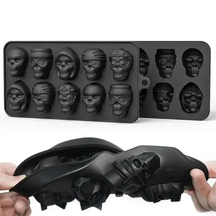 Skull-shaped ice cubes in a Belro silicone tray, perfect for fun drinks in the kitchen or home bar.