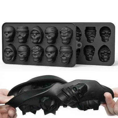 Skull-shaped ice cubes in a Belro silicone tray, perfect for fun drinks in the kitchen or home bar.
