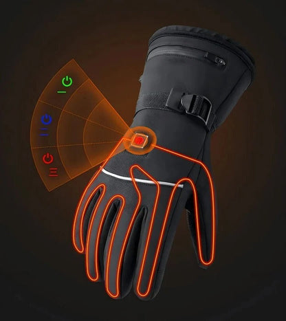 Belro heated motorcycle gloves with touchscreen fingertips, black leather design, and adjustable thermal controls.