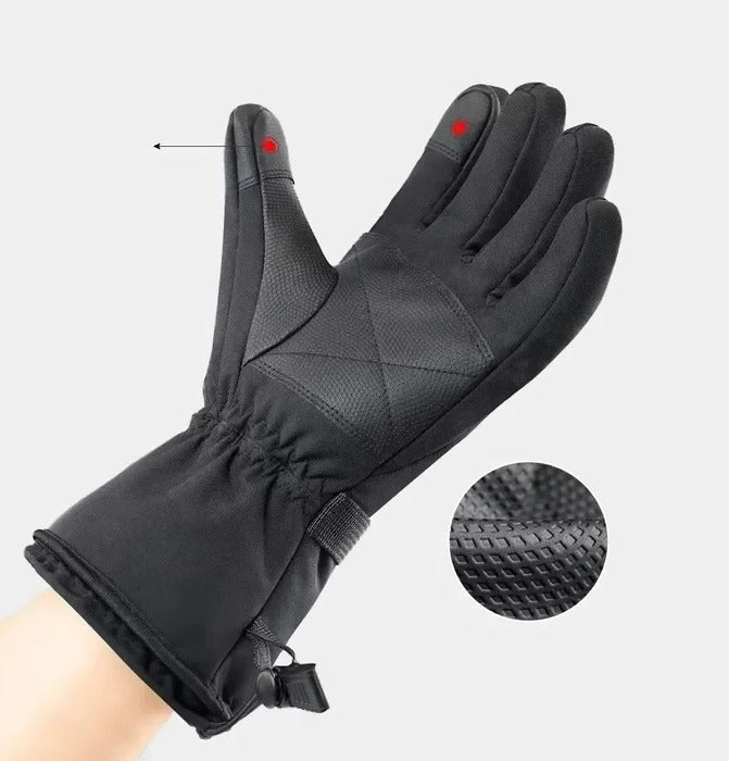 Belro heated motorcycle gloves with black and gray design, featuring control buttons and insulation for cold-weather riding safety.