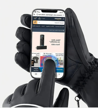 Belro heated motorcycle gloves with touchscreen fingertips, black leather exterior, and adjustable wrist straps for riding comfort.