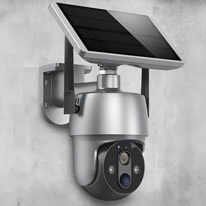 Belro solar-powered outdoor surveillance camera mounted on a wall, capturing security footage in a backyard setting.