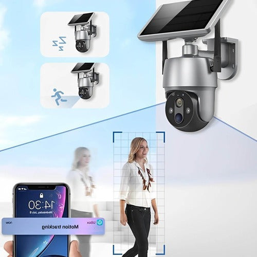 Belro solar-powered outdoor surveillance camera mounted on a wall, showing its lens and solar panel for outdoor security.