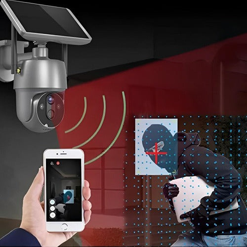 Belro solar-powered outdoor surveillance camera mounted on a wall, capturing outdoor security footage during daytime.