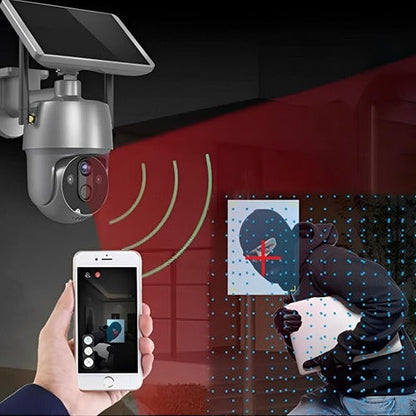 Belro solar-powered outdoor surveillance camera mounted on a wall, capturing outdoor security footage during daytime.