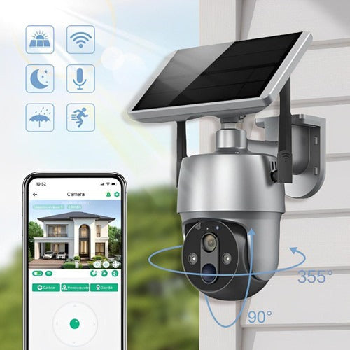 Belro solar-powered outdoor surveillance camera mounted on a house, showcasing its weather-resistant design for security monitoring.