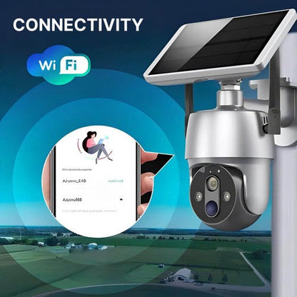 Belro solar-powered outdoor surveillance camera mounted on a wall, capturing security footage in a residential setting