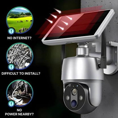 Belro solar-powered outdoor surveillance camera mounted on a wall, showing its sleek design and solar panel for eco-friendly security.