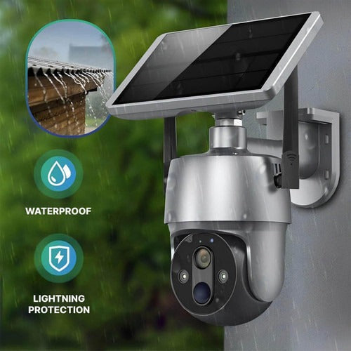 Belro solar-powered outdoor surveillance camera mounted on a wall, showcasing its weatherproof design and lens for security.