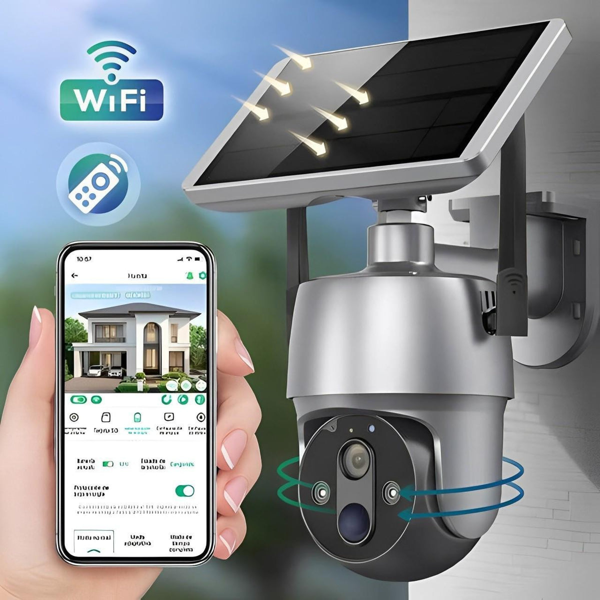 Belro solar-powered outdoor security surveillance camera mounted on a wall in a garden setting.