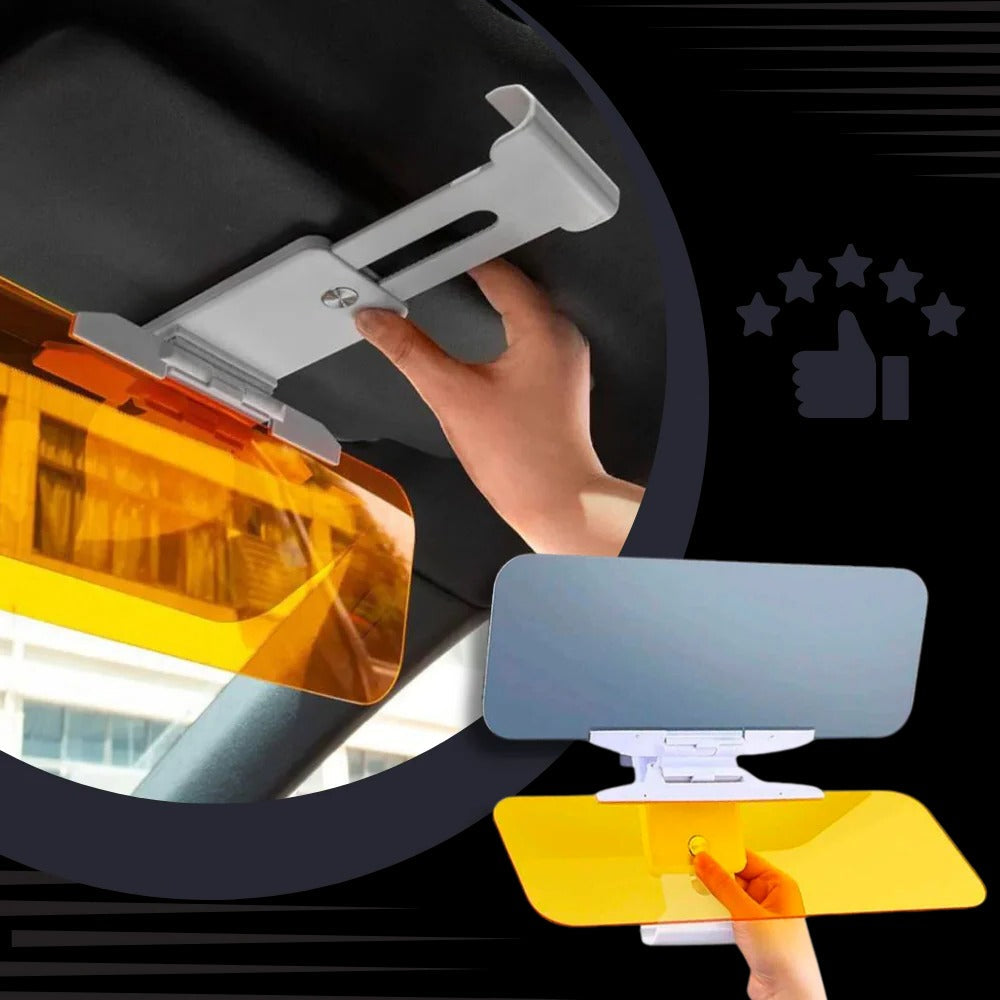 Belro dual-use car visor extender attached to sunglasses, providing additional sun protection and glare reduction while driving.