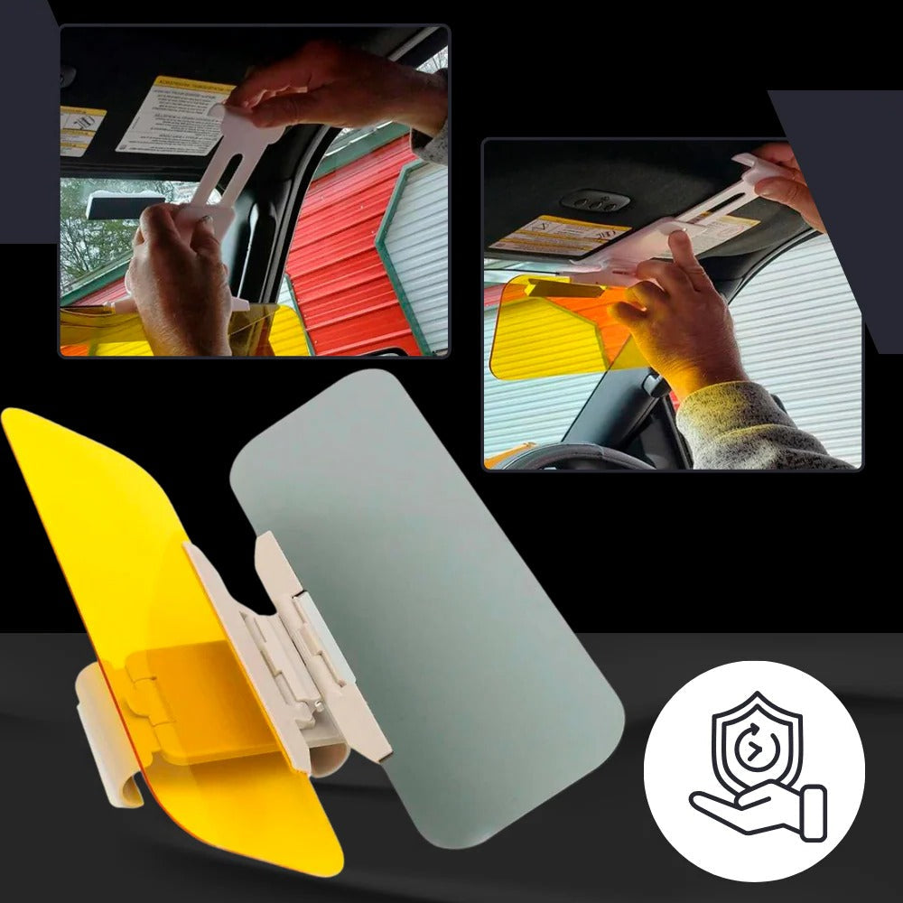 Belro dual-use car visor extender attached to sunglasses, providing shade and glare reduction for driving.