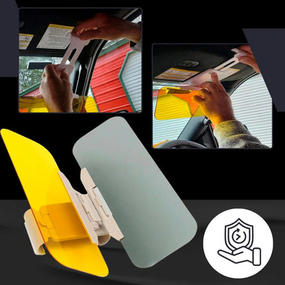 Belro dual-use car visor extender attached to sunglasses, providing shade and glare reduction for driving.