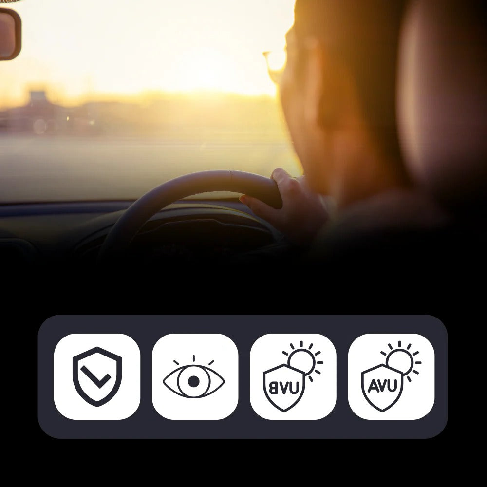 Belro dual-use car visor extender attached to a vehicle sun visor, providing additional shade and glare reduction for sunglasses.