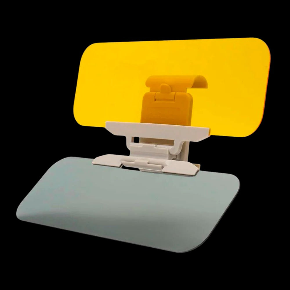 Belro dual-use car visor extender attached to sunglasses for added sun protection and glare reduction in vehicles.