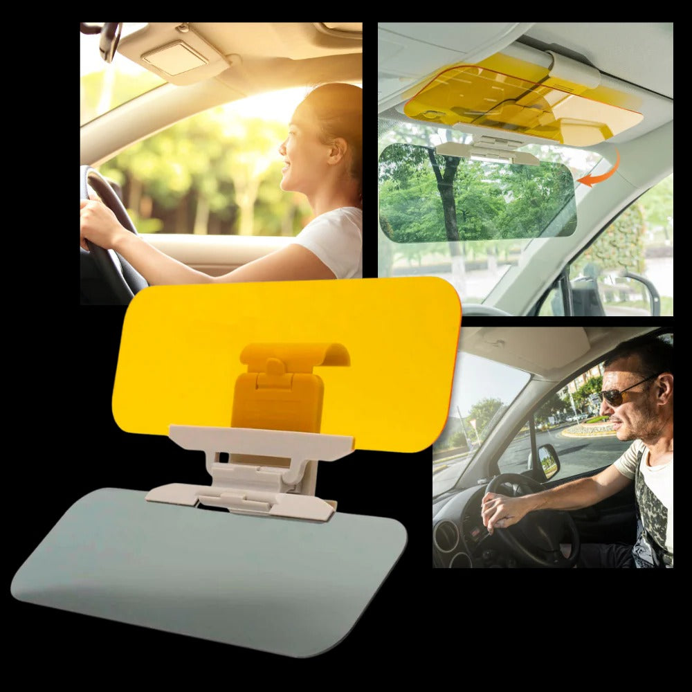 Belro dual-use car visor extender attached to sunglasses, providing additional shade and sun protection while driving.