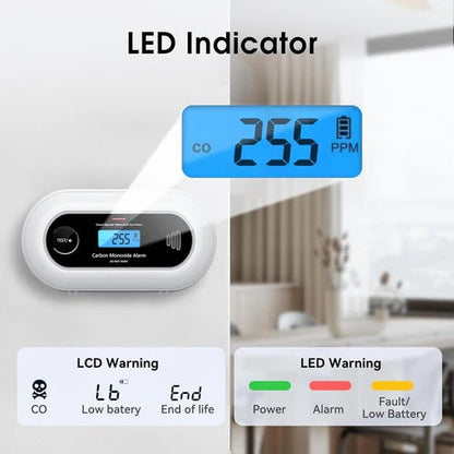 Belro Smart Carbon Monoxide Detector mounted outdoors, with digital display and sleek design for home safety monitoring.