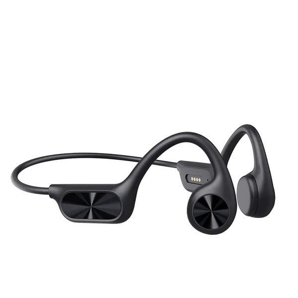 Belro waterproof bone conduction headphones with open-ear design, showing sleek black earphones and adjustable headband.