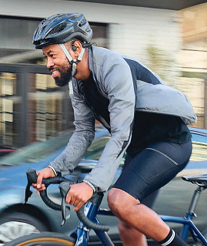 Belro waterproof bone conduction headphones shown on a person, designed for open-ear listening during outdoor activities.