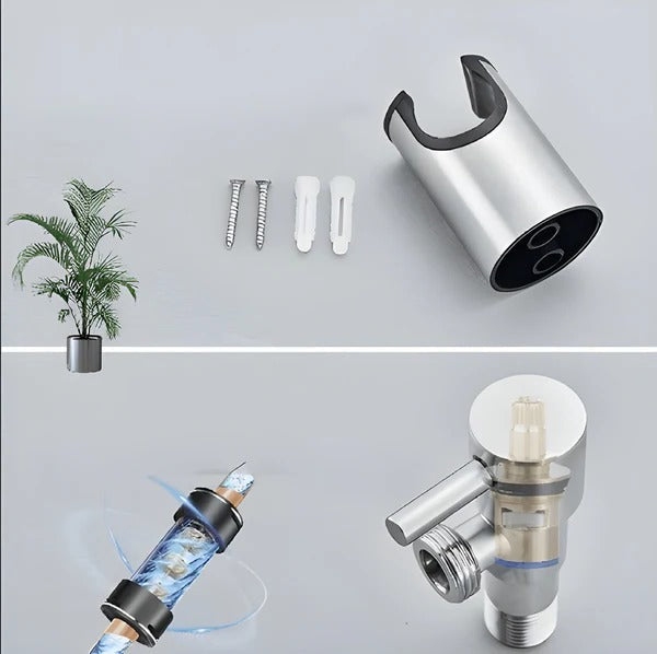 Belro handheld bidet sprayer attached to a bathroom sink, made of stainless steel, with a flexible hose and trigger for cleaning.