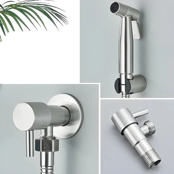 Belro handheld bidet sprayer attached to a bathroom fixture, showcasing a sleek, easy-to-use cleaning tool for personal hygiene.