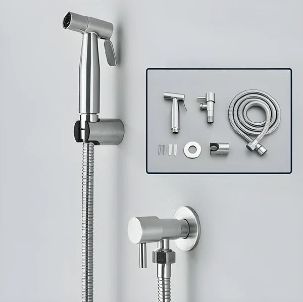 Belro handheld bidet sprayer attached to a bathroom sink, showcasing easy-to-use bathroom cleaning tool on hardware setup.