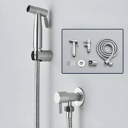 Belro handheld bidet sprayer attached to a bathroom sink, showcasing easy-to-use bathroom cleaning tool on hardware setup.