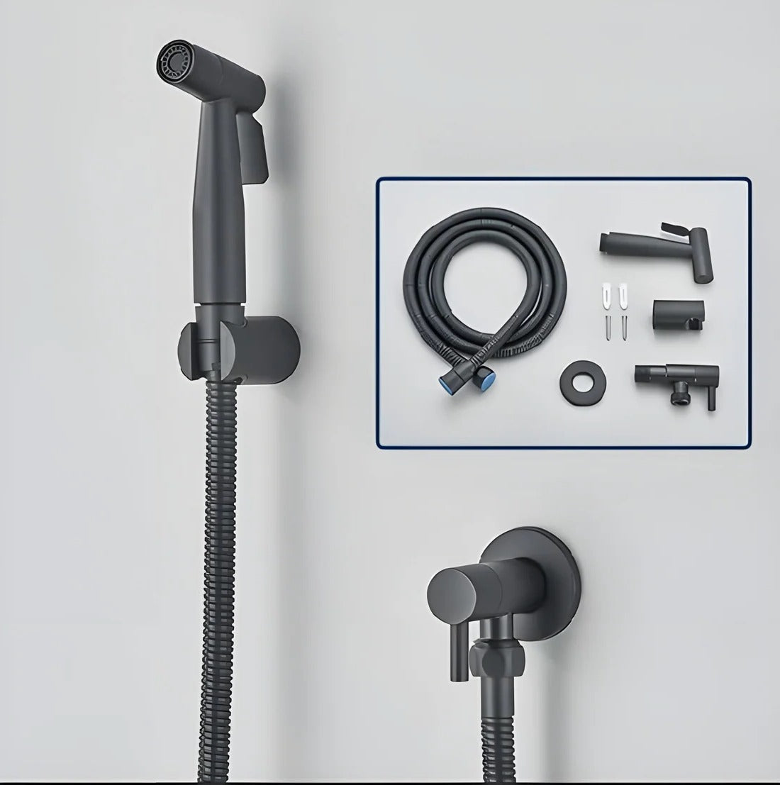 Belro handheld bidet sprayer attached to bathroom wall, featuring flexible hose and ergonomic handle for personal hygiene cleaning.