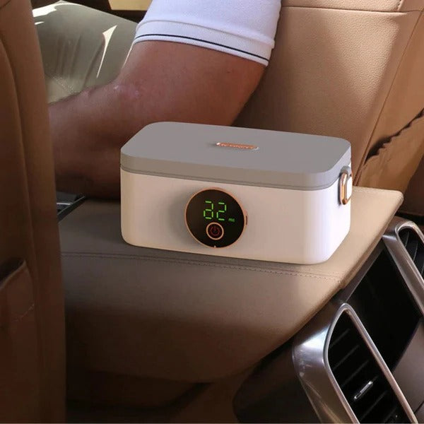 Belro wireless heated lunch box inside a bag, portable heating container for meals, compact design for travel or work use.