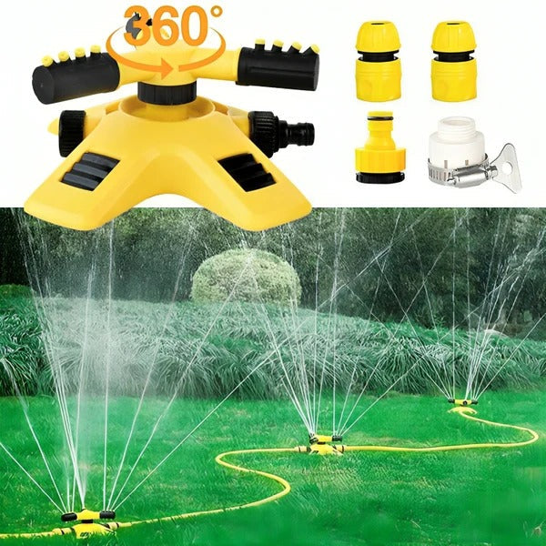 Belro 360 rotating lawn sprinkler watering a green lawn in a garden, ideal for outdoor home and garden irrigation.