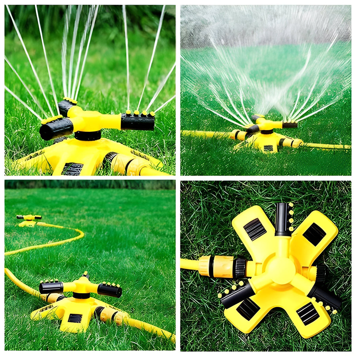 Belro 360 rotating lawn sprinkler in action, watering a lush green garden with even spray coverage.