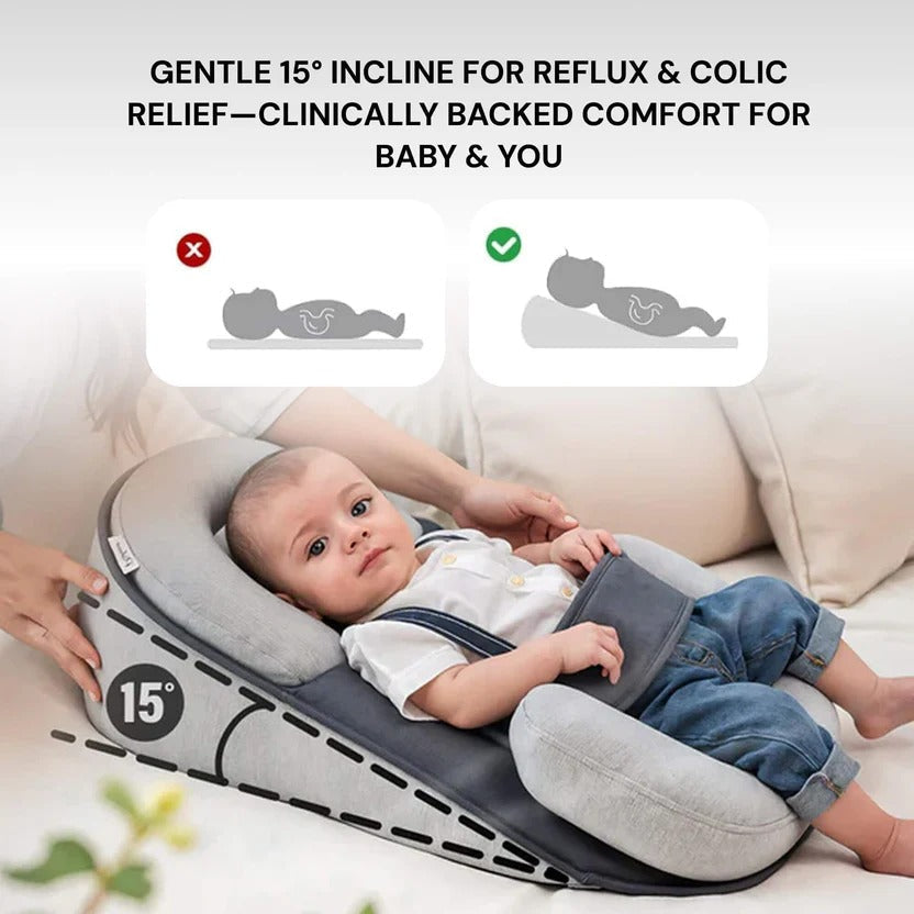 Belro inclined reflux pillow bed for infants with soft fabric and supportive design, ideal for safe and comfortable positioning.