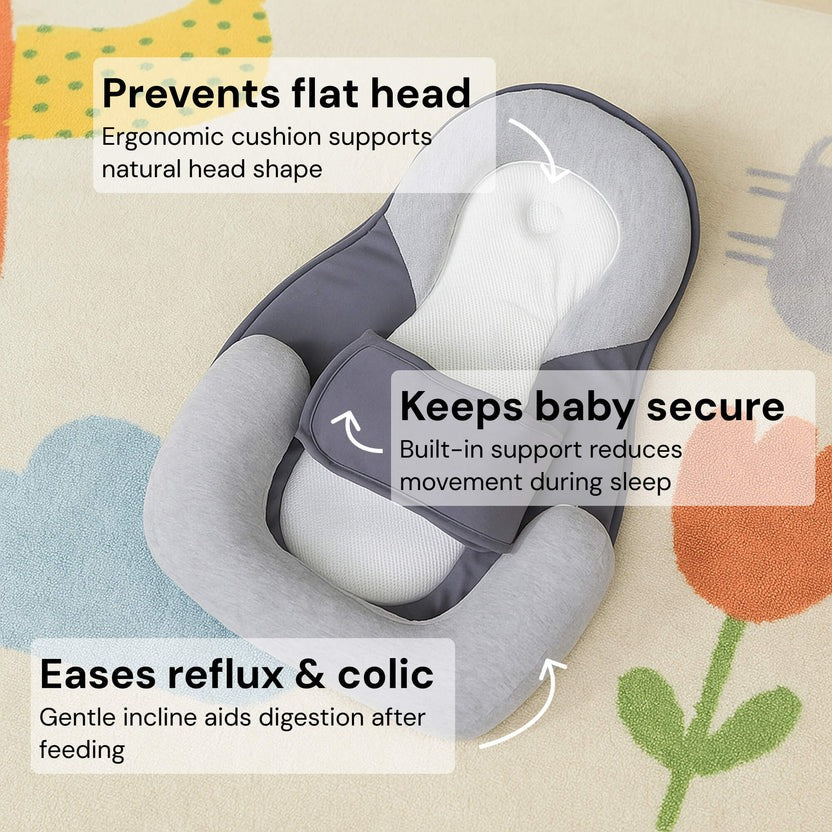 Belro inclined reflux pillow bed for infants with soft fabric and adjustable incline, designed for comfortable sleep and reflux relief.