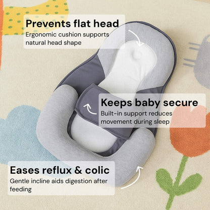 Belro inclined reflux pillow bed for infants with soft fabric and adjustable incline, designed for comfortable sleep and reflux relief.