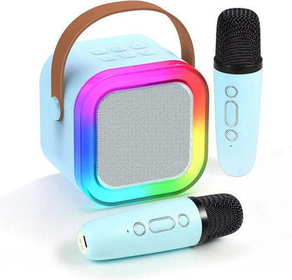 Kids karaoke machine by Belro featuring colorful microphones, control panel, and built-in speaker for singing fun and entertainment.